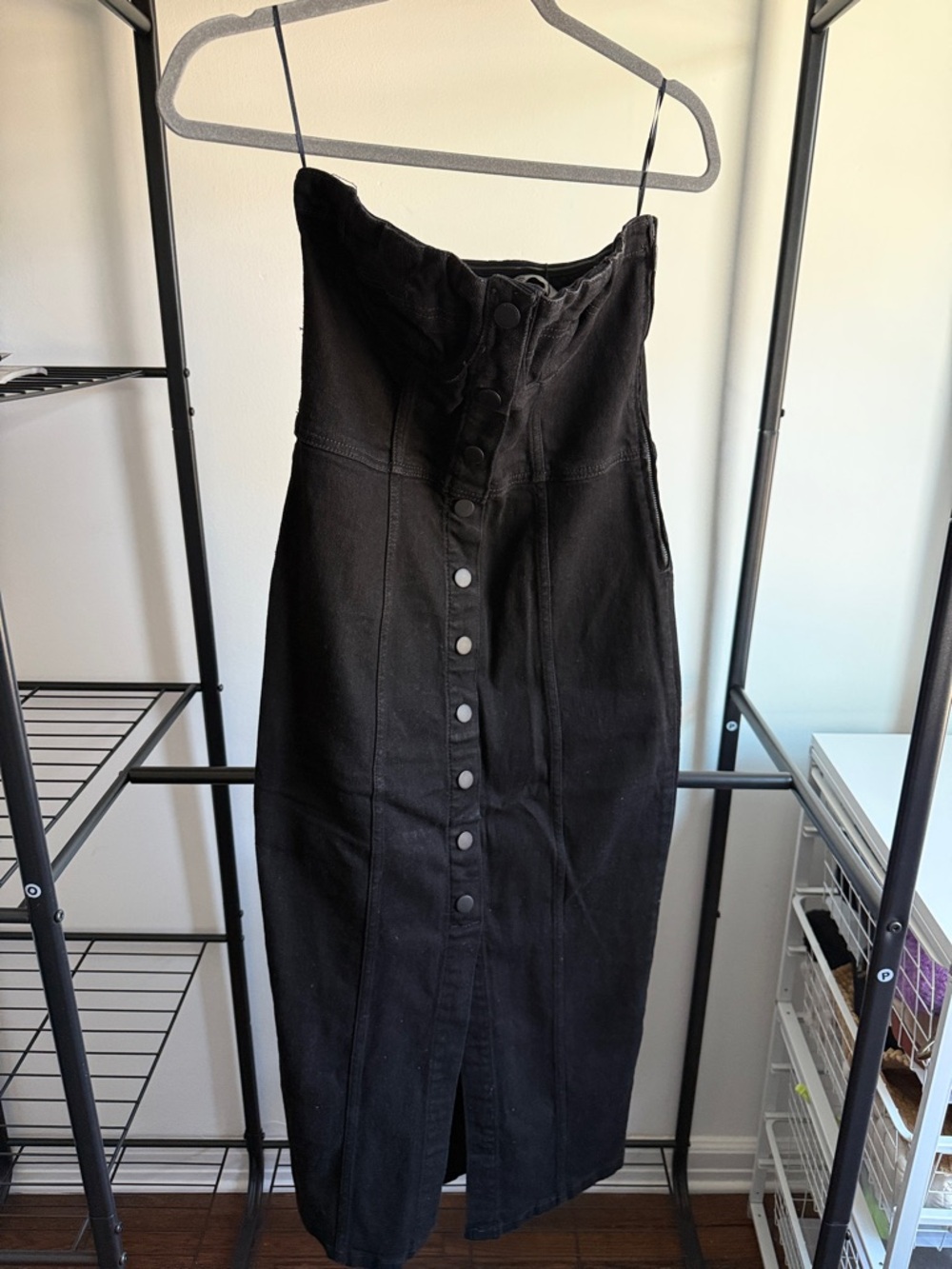 Zara Black Button-Front Strapless denim Midi Dress